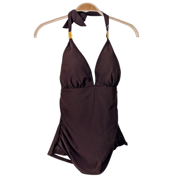 B2PRITY Tankini Swimsuit Brown Halter Neck Ruched Tummy Control Size L NWT - Picture 3 of 8